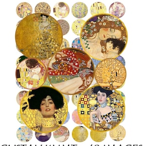 Könnte beinhalten: Eine Sammlung von 48 runden Bildern mit Werken von Gustav Klimt. Die Bilder sind in verschiedenen Farben gehalten, darunter Gold, Gelb, Rot und Blau. Die Bilder sind alle kreisförmig und haben einen weißen Hintergrund.