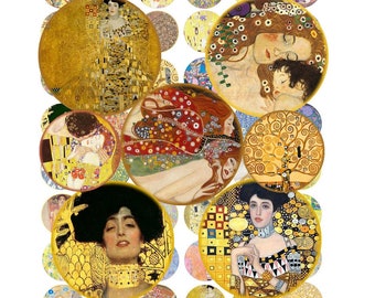 Gustav Klimt Digital Collage Sheet Round 1.25" 30mm 1" 25mm The Kiss, Tree of Life, Art Deco for bottlecaps, earrings, buttons