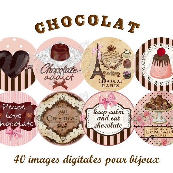 images digitales rétro Chocolat, images pour bijoux avec un cabochon en verre, chocolat, coeur, Tour Eiffel, Paris, cupcake.