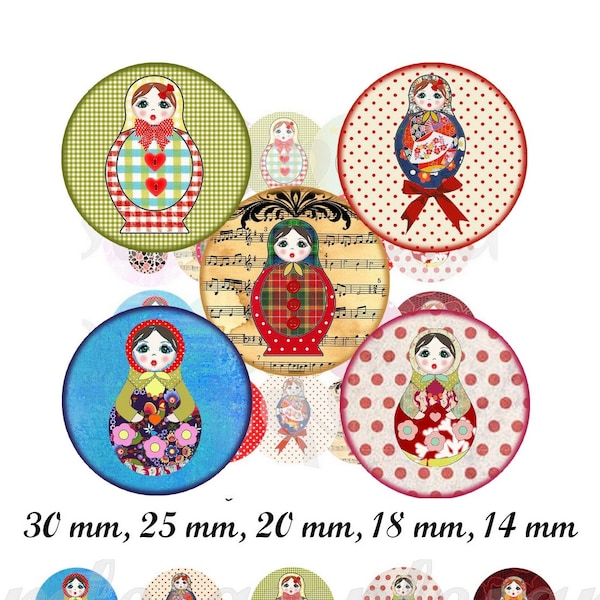 matryoshka doll russian babushka Digital Collage Sheets circles one inch and more sizes Printable images for pendants glass cabochon