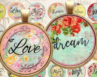 Digital collage sheet circles Printable Digital Download Circle Images LOVE DREAM HOPE 1