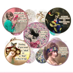images digitales cabochon vintage rétro féministe, image pour bijoux, image à imprimer, cabochon, médaillon, vintage, carte postale citation