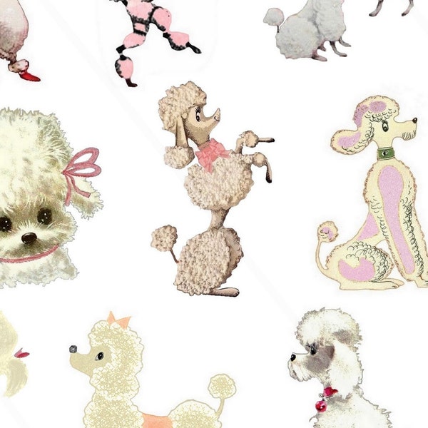 Vintage white Poodles clip art Digital Collage Sheet retro poodles dogs Clip art for Card Making Decoupage Junk journal PNG dogs