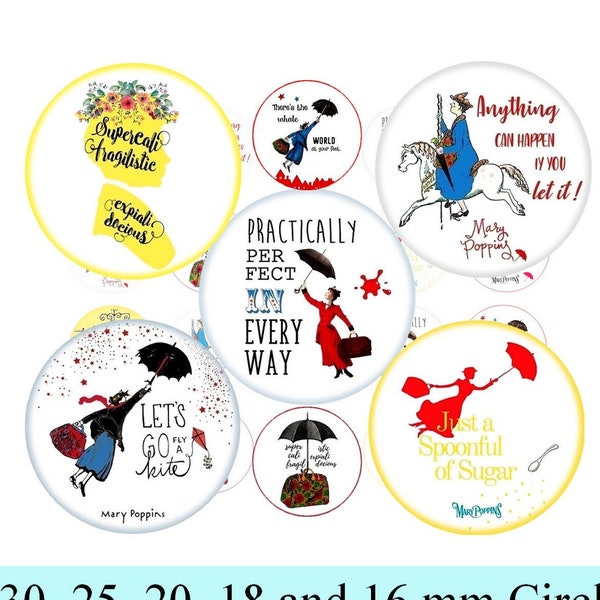 Mary Poppins Digital Collage Sheet 1" 25mm Button images Printable images for Glass Pendants, Bottle caps Mary Poppins circles Motivation