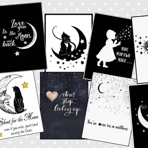 Cartes à imprimer, images digitales, images lune, carte lune étoile, carte anniversaire carte vintage