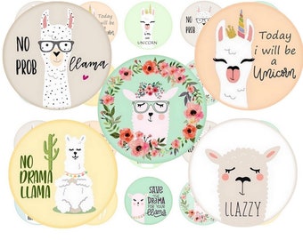 No drama llama Digital collage sheet 1 inch circles and more Hand drawn quirky whimsical cute probllama alpaca for magnets bottlecap images