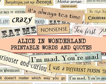 Alice in Wonderland Quotes Printable - Digital Collage Sheet -Inspirational Phrases PNG JPG - Junk Journal Word Ephemera