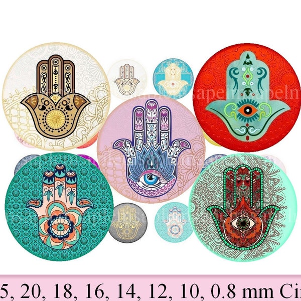 Digital collage sheet Fatma Hands circles Hamsa Lucky Amulet Printable download  pendants images 1 inch circles bezel findings trays magnets