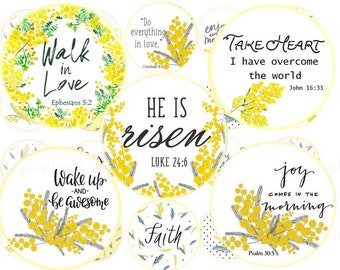 Printable download BIBLE VERSES Easter spring mimosa circle images for round pendants, scripture art digital collage sheet 1 inch circles