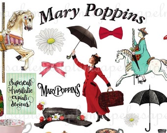 Clipart Mary Poppins PNG file and JPEG file Mary Poppins digital collage sheet Printable instant download Fussy Cut,Cricut,Scan N Cut