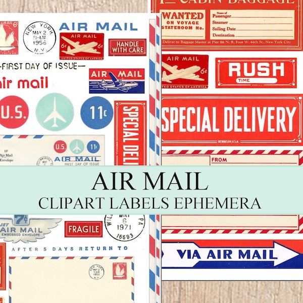 Vintage Air Mail Tags labels ephemera clipart postal printable journaling hobby crafting scrapbooking instant download