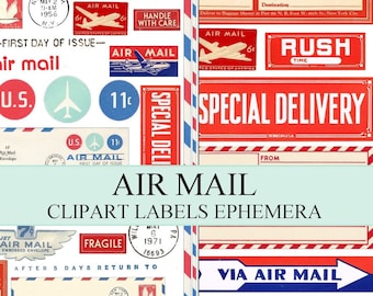 Vintage Air Mail Tags labels ephemera clipart postal printable journaling hobby crafting scrapbooking instant download