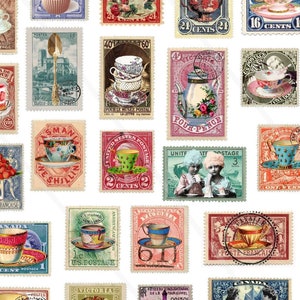 Printable Stamps Tea Party Ephemera, Junk journal Supplies, Vintage , High tea faux stamps cup of tea , Small Digital Ephemera Page