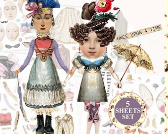 Puede incluir: Un kit de diario de muñeca de papel con cinco hojas de elementos. El kit incluye dos muñecas de papel, una con un vestido azul y blanco y la otra con un vestido gris. Las muñecas tienen diferentes peinados, sombreros y accesorios. El kit también incluye una variedad de otros elementos, como flores, paraguas y zapatos. El texto "Once Upon A Time" y "5 Sheets Set" está incluido en las hojas.