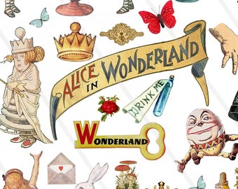May include: A collection of vintage illustrations featuring characters and objects from Alice in Wonderland. The illustrations include Alice, the Queen of Hearts, the Mad Hatter, the Cheshire Cat, the White Rabbit, and more. The illustrations are in a whimsical style and are perfect for scrapbooking, card making, or other craft projects.