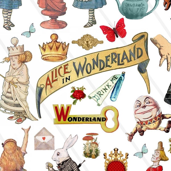 Alice in Wonderland Clipart Alice Clip Art Watercolor Mad Hatter Tea Party Eat Me Drink Me White Rabbit Key Illustration PNG file JPEG file