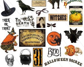 Digital Collage Sheet Vintage Halloween Images PNG Files Instant Download, HalloweenTransparent Art Images