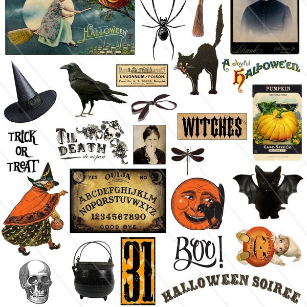 Digital Collage Sheet Vintage Halloween Images PNG Files Instant Download, HalloweenTransparent Art Images