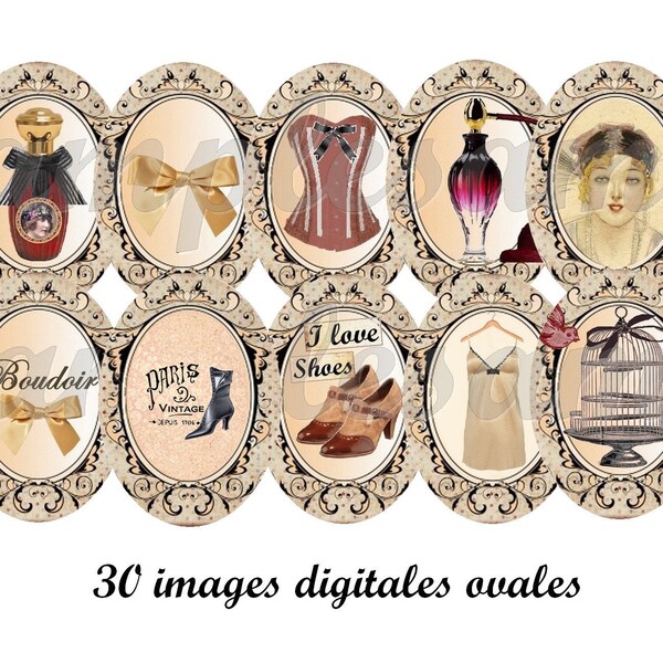 images digitales cabochons ovales rétro  "Boudoir", corset, parfum, oiseau, cage, collage digital, cabochon, scrapbooking