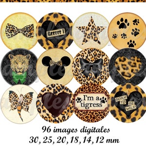 Könnte beinhalten: Satz von 12 runden, druckbaren, digitalen Bildern mit Leopardenmuster. Die Bilder beinhalten eine Fliege, ein Herz, einen Stern, Pfotenabdrücke, einen Leoparden, Mickey-Maus-Ohren, eine Schleife, ein Herz, einen Schmetterling, ein Herz, einen Textkasten mit der Aufschrift "Ich bin eine Tigerin" und ein Herz mit dem Text "Geboren, um wild zu sein".