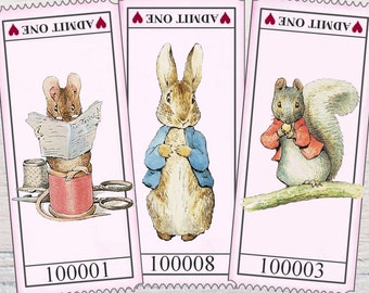 May include: Three pink and white ticket stubs with images of a mouse, rabbit, and squirrel. The tickets have the text "ADMIT ONE" and a number on each. The text "Downloadable set of 15 digital Tickets" is at the bottom of the image.