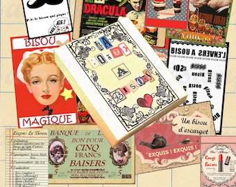 Petites boites et cartes FETE DES MERES, carte bisous, boite et carte à imprimer, Cadeau fête des mères, collage digital, rétro, vintage