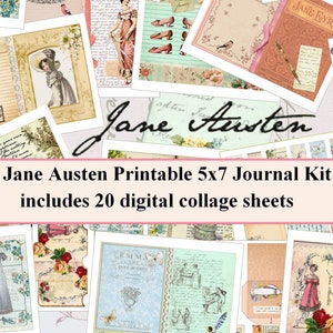 Feuille de collage digitale Jane Austen, kit pour scrapbooking ou création digitale, Kit junk journal shabby chic Jane Austen