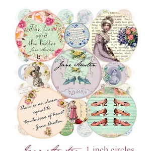 Jane Austen Digital collage sheet circles 1" inch circle pendant images bottle cap images digital rounds Jane Austen Quotes Regency Literary