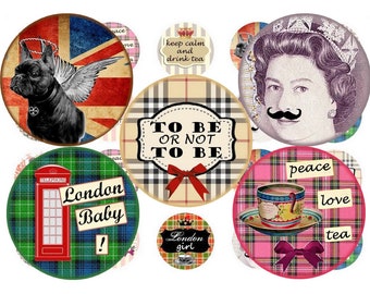 Digital collage sheet circles London England British One inch circles for pendant, bottle cap images, 1 inch rounds and more sizes
