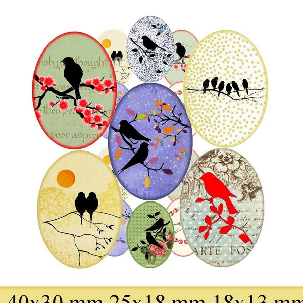 Digital collage sheet 30x40 Ovals birds Silhouettes, 25x18 Ovals for cameo  Bezel Settings, Decoupage Resin Pendants 18x13 ovals for pendant