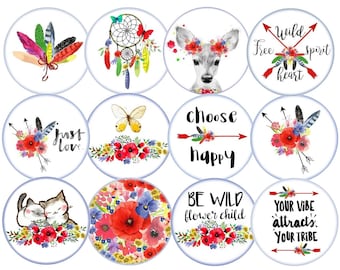 1 + 1.2 inch 25, 30, and other sizes Printable Boho circle images for round pendants, cabochons, magnets, Digital collage sheet circles Boho