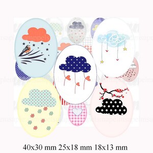 digital collage sheet oval clouds, 30 x 40 mm, 18 x 25 mm, 13 x 18 mm oval cabochon images clouds for oval pendants