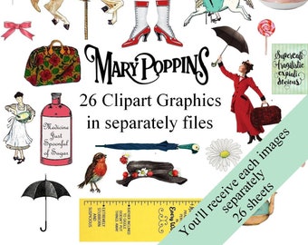 Mary Poppins clip art digital collage sheet Mary Poppins Printable Mary Poppins  PNG downloads