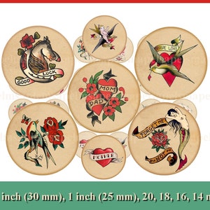 images digitales rétro tatouage rétro vintage collage digital, cabochon, images pour cabochon bijoux badge miroir