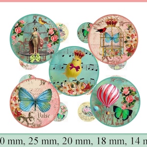 images digitales cabochon "Romantic Dream", images digitales vintage rétro papillon, images pour bijoux oiseau, montgolfière, romantiques