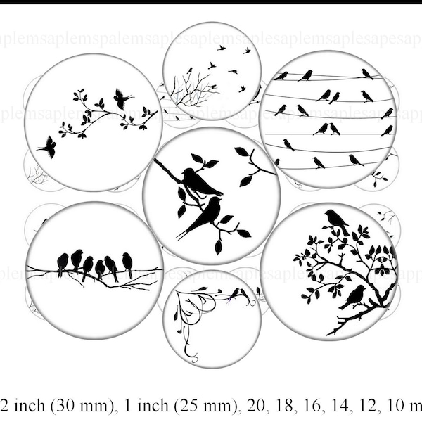 Images digitales oiseaux silhouette, Images pour cabochon, collage digital, cabochon, médaillon, images silhouette d'oiseaux blanc et noir