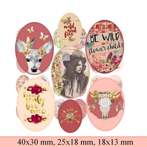 May include: Set of eight oval-shaped, pink and red, decorative paper embellishments with floral and animal designs. The embellishments feature the text "wild and free", "be wild flower child", "you only live once", and "wild free spirit heart". The embellishments are approximately 40x30 mm, 25x18 mm, and 18x13 mm.