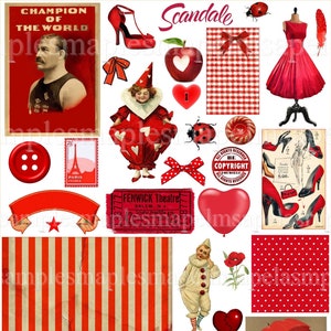 Images digitales vintage rétro rouge images scrapbooking vintage clipart journaling junk journal scrapbook jpeg images PNG allegradigital