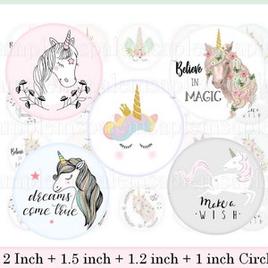 Magic Unicorn Party Mirror Cupcake Cake Topper Digital Collage Sheet circles 2 Inch 1.5 inch Round Images for Cardmaking Scrap