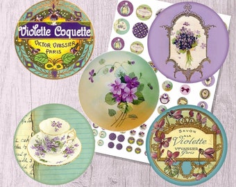 Digital collage sheet circles vintage Flowers  violet 1 inch circle images for pendant, digital round instant download circles