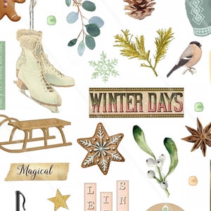 Clipart vintage rétro Hiver Noël, images digitales pour la création de carte, scrapbooking, junk journal journaling spot Allegradigital