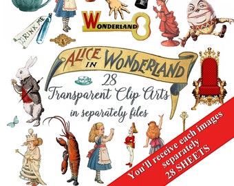 May include: A collection of 28 transparent clip arts featuring illustrations from Alice in Wonderland. Includes Alice, the White Rabbit, a teapot, a key, a crown, and the text "Alice in Wonderland".