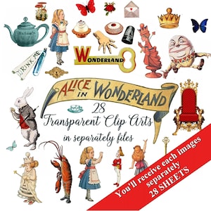 Collage digital Alice aux pays des merveilles, images digitales, clipart carte scrapbooking PNG JPEG junk journal journaling spot