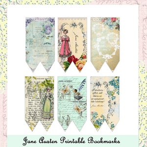 6 Marque-Pages à imprimer Jane Austen, signet Jane Austen, marque page vintage littérature style anglais régence shabby chic