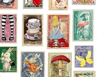 Alice in Wonderland Postage Stamps Printable Vintage Alice in Wonderland Digital download Postal stamps Collage sheet Envelope Stickers