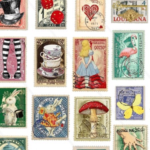 Printable Stamps Alice in Wonderland Ephemera, Junk journal Supplies, Vintage , Scrapbooking Paper, Small Digital Ephemera Page