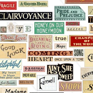 Feuille de collage digital mots, phrase citation rétro, vintage, scrapbooking, art numérique, junk journal, journaling création de cartes