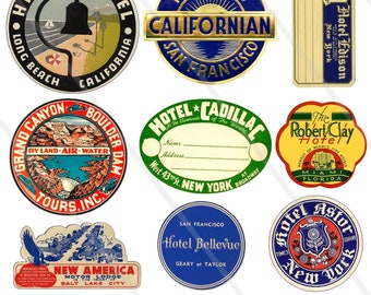 Digital Collage Sheet Travel Tags, Hotel Luggage Labels, Baggage Tags, Steam Trunk Decal, Vintage Label Art & Travel Journal tags