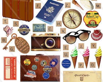 Retro Travel clipart Vintage digital collage sheet travel Holidays summer vintage images for scrapbooking  journaling junk journal PNG