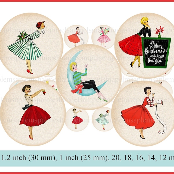 Digital collage sheet Circles Christmas retro vintage 50's ladies Images for pendants, Digital Tags, Digital Circles, Holiday circles Images